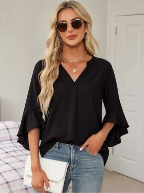 Women’s Black Ruffle Sleeve V-Neck Top